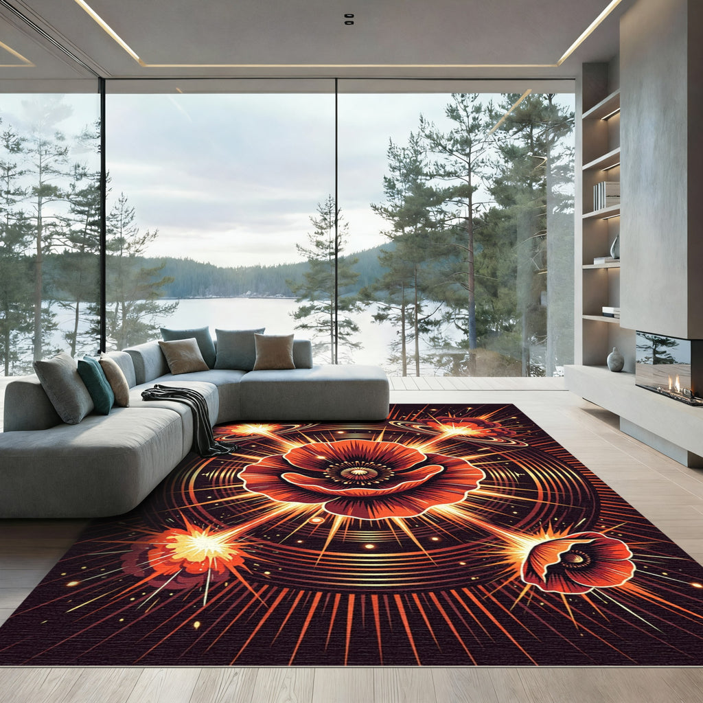 Vibrant Red Poppy Explosive Sunburst Rug