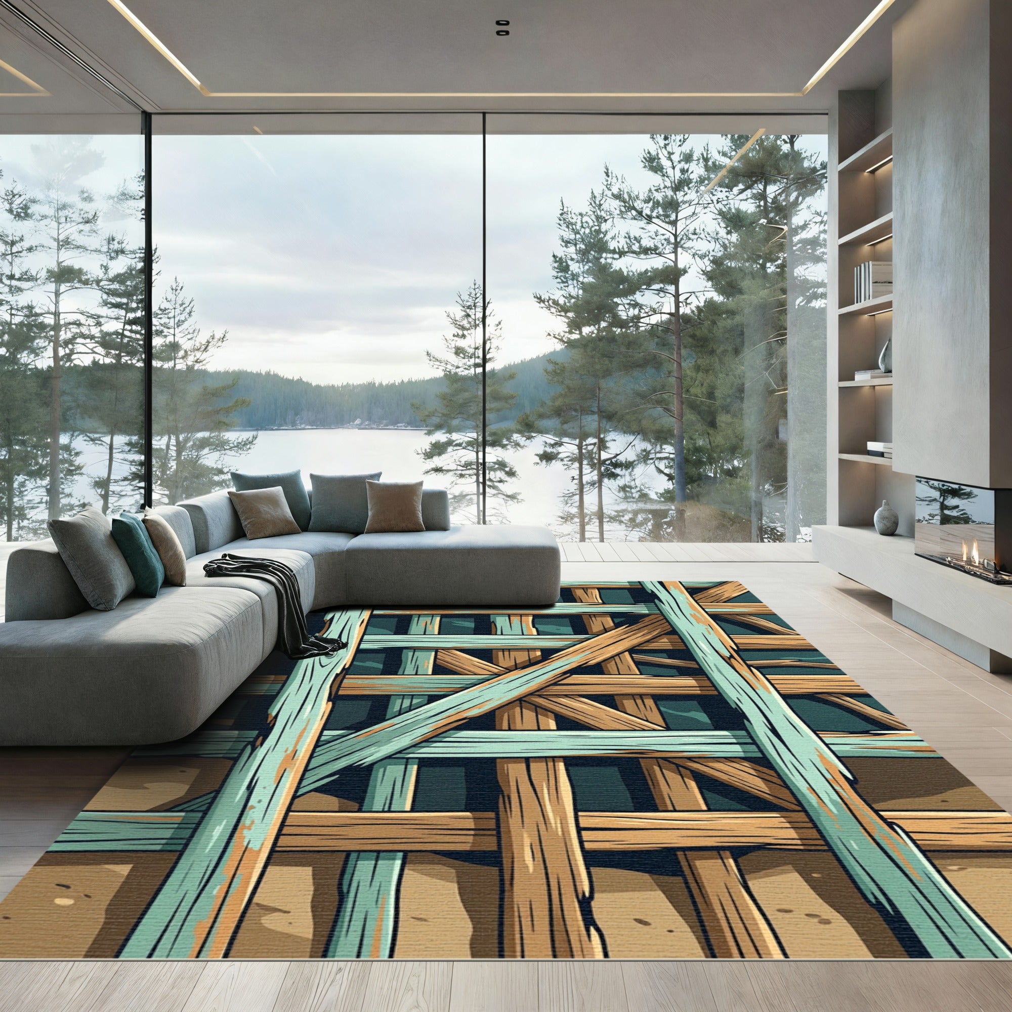 Rustic Teak Aqua Slatted Grid Rug