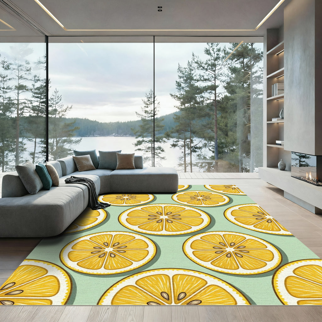 Fresh Lemon Slices on Mint Background Rug