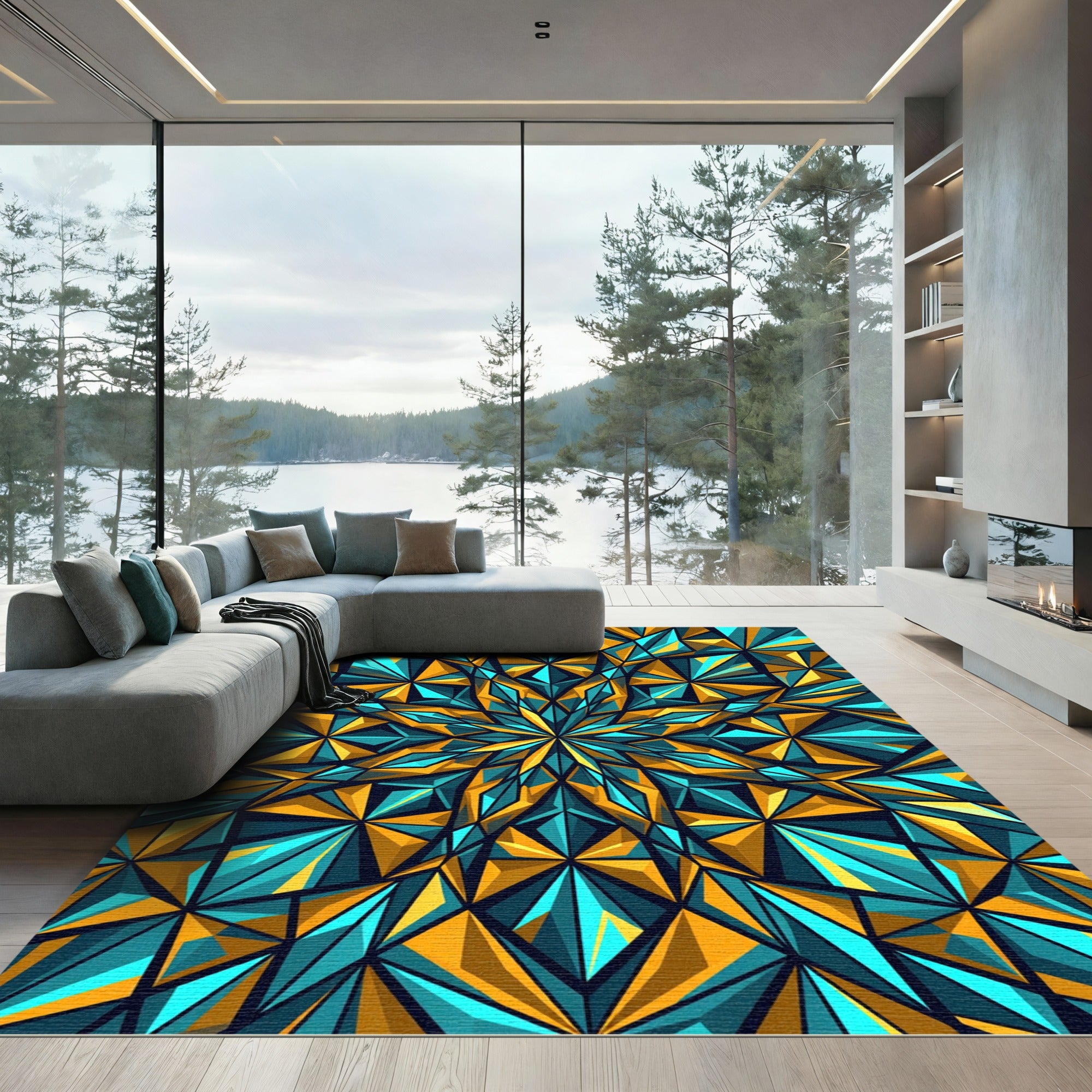 Geometric Teal Gold Starburst Rug