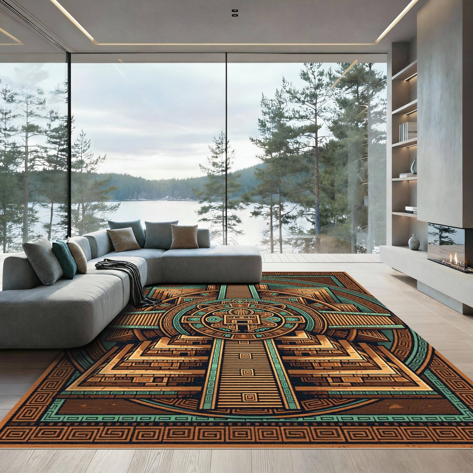 Ancient Aztec Sun Step Temple Art Rug