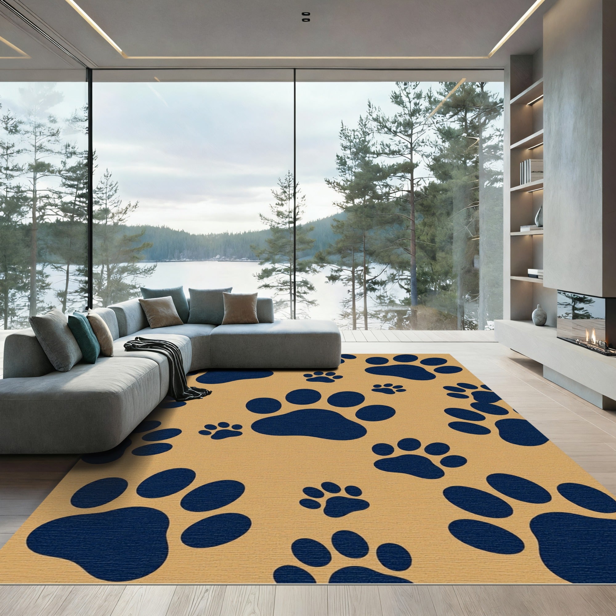 Navy Paw Print Tan Area Rug