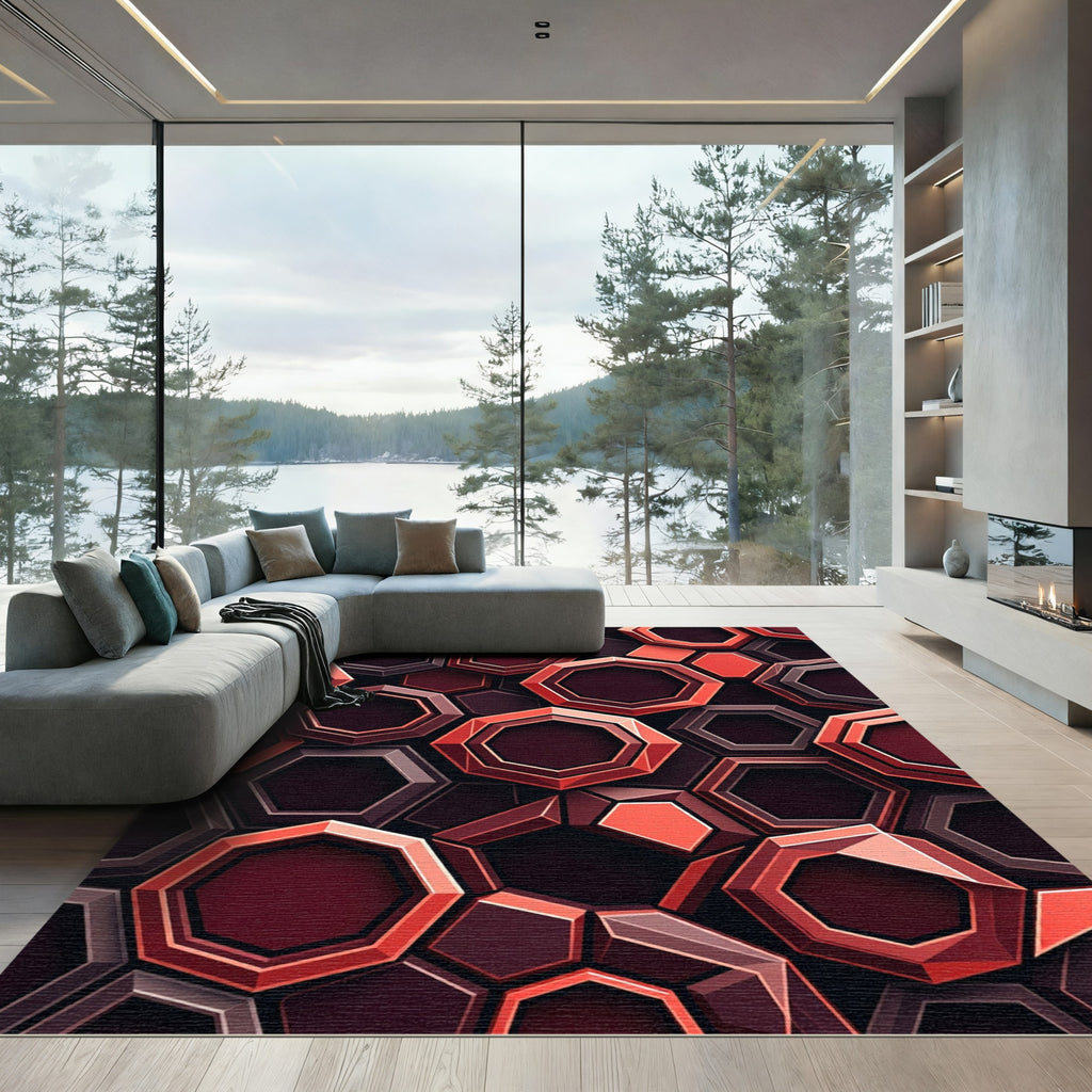 Crimson Honeycomb Geometric Overlap Rug