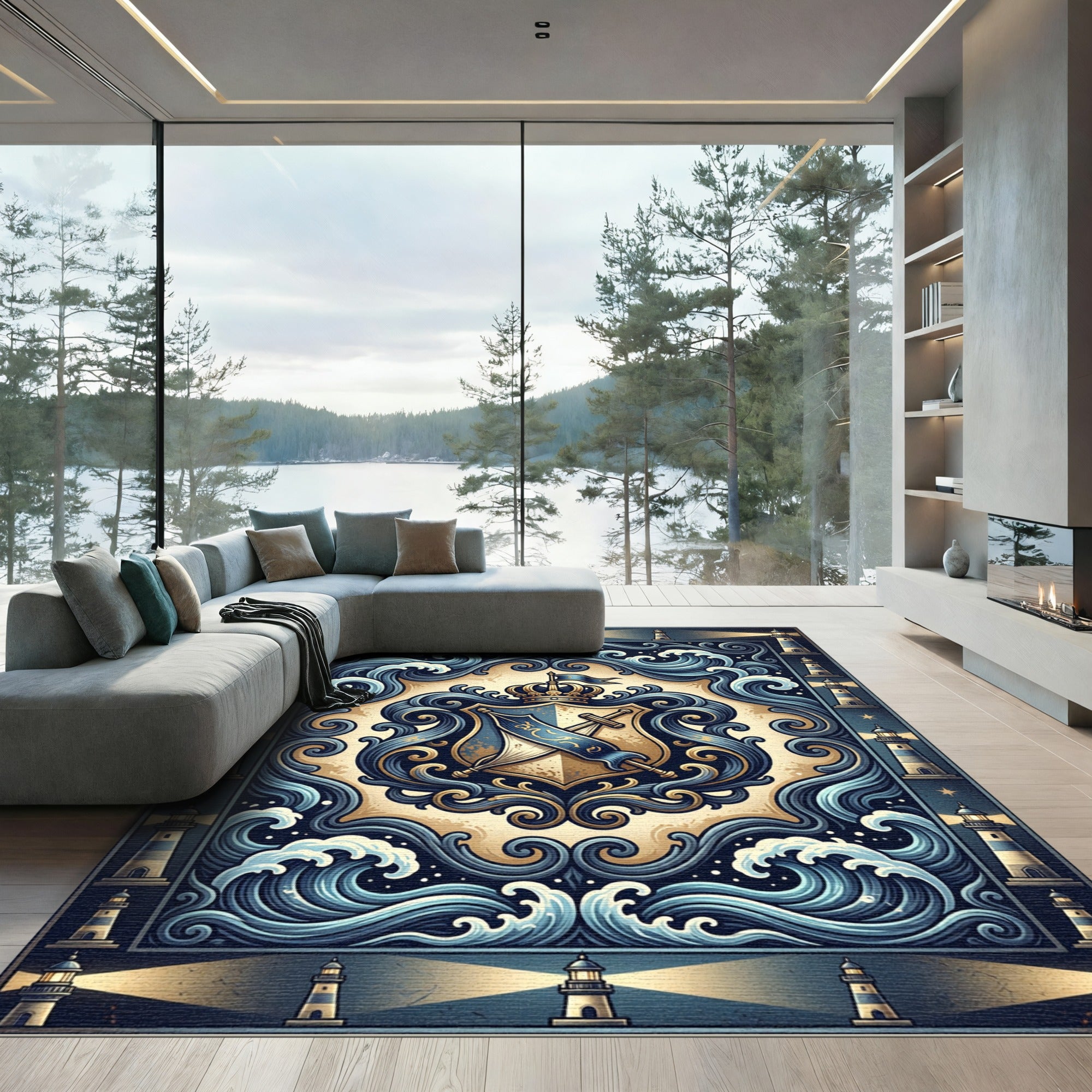 Regal Navy Gold Lighthouse Crest Rug