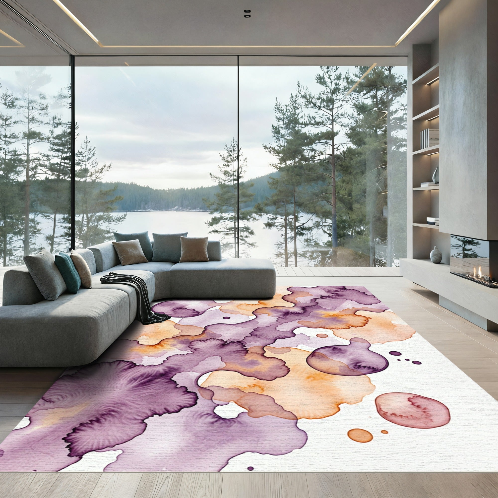 Ethereal Lilac and Amber Watercolor Abstract Rug
