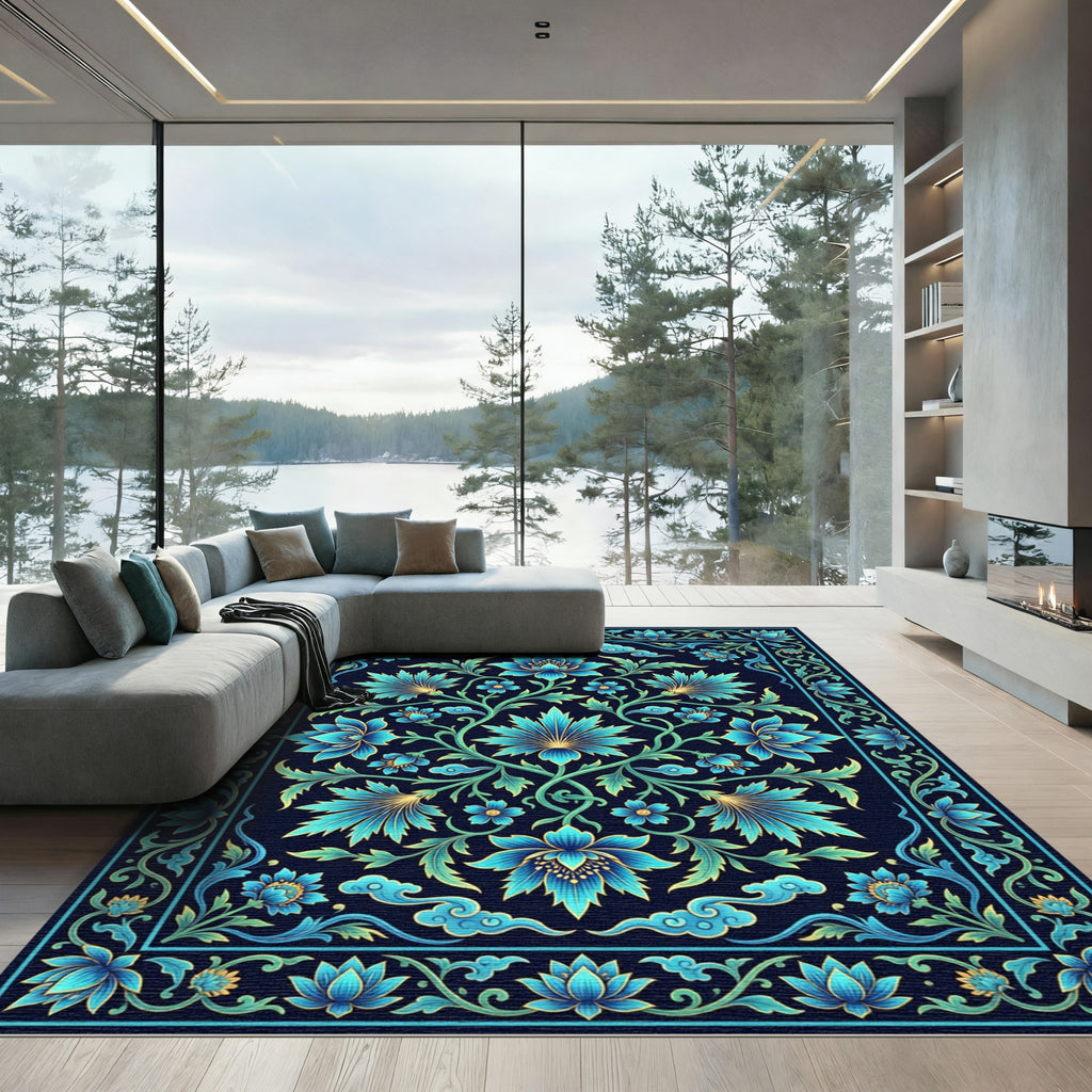 Cerulean Floral Symmetry Deep Azure Rug
