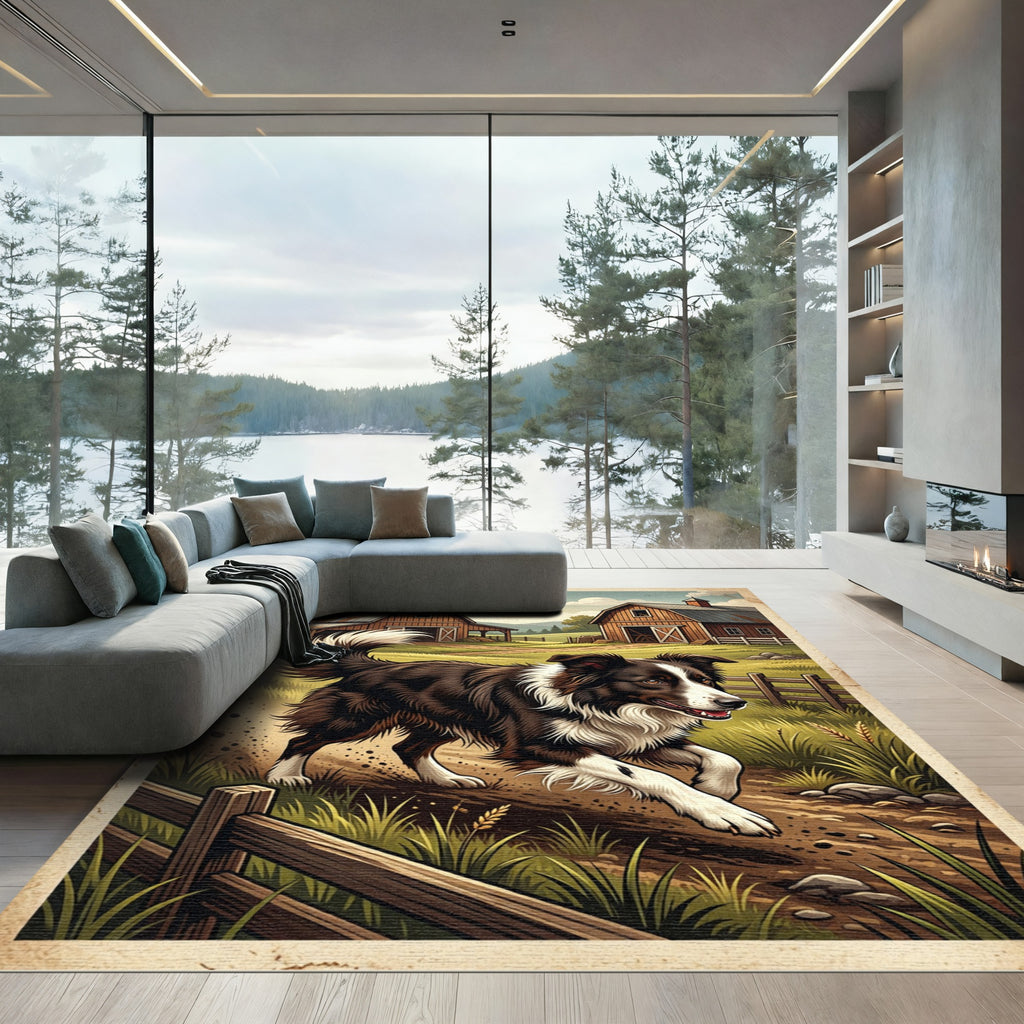 Vintage Farmhouse Border Collie Country Landscape Rug
