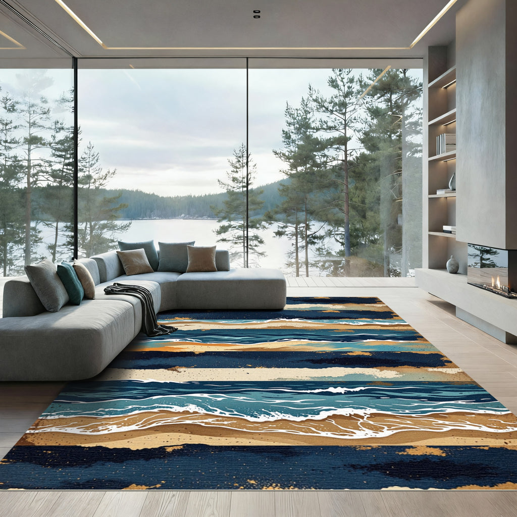 Earthy Coastal Blue Layered Wave Rug