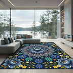 Elegant Navy Blue Lotus Floral Medallion Rug