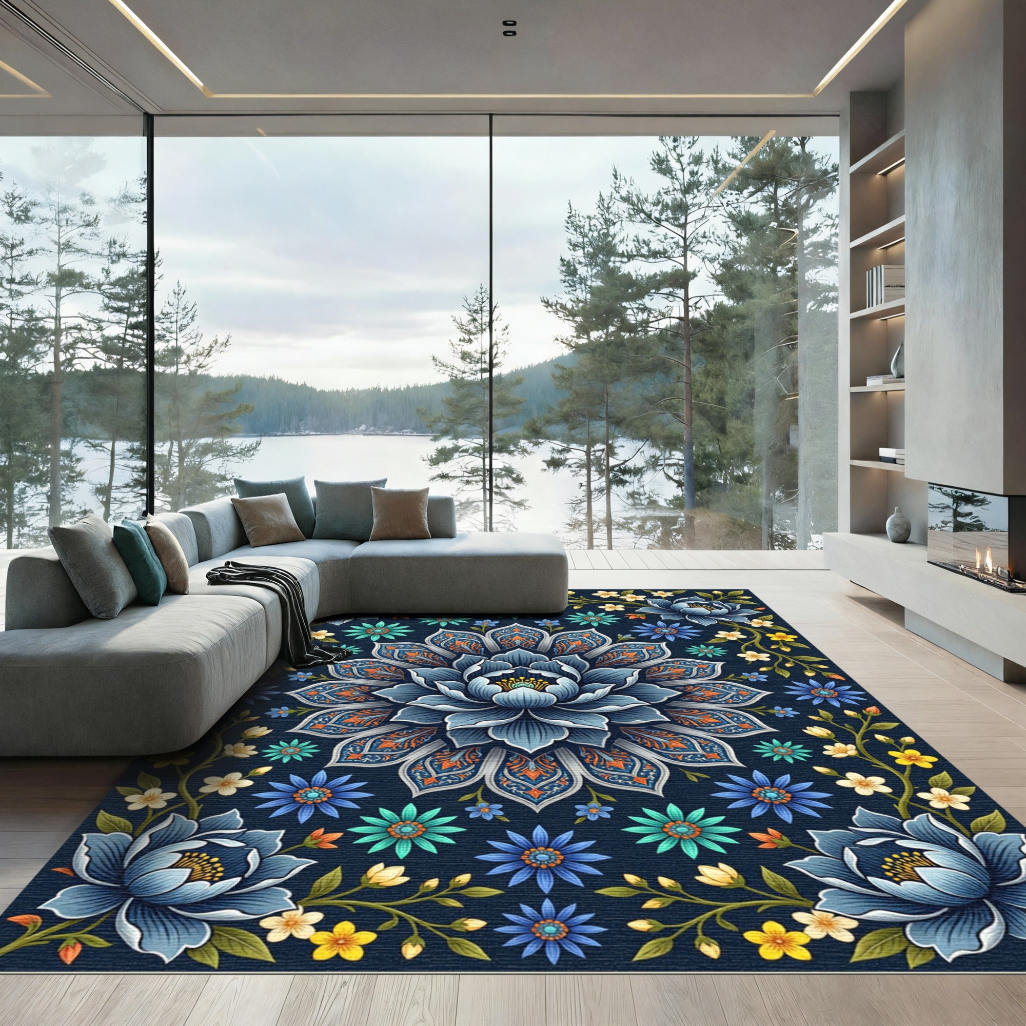 Elegant Navy Blue Lotus Floral Medallion Rug