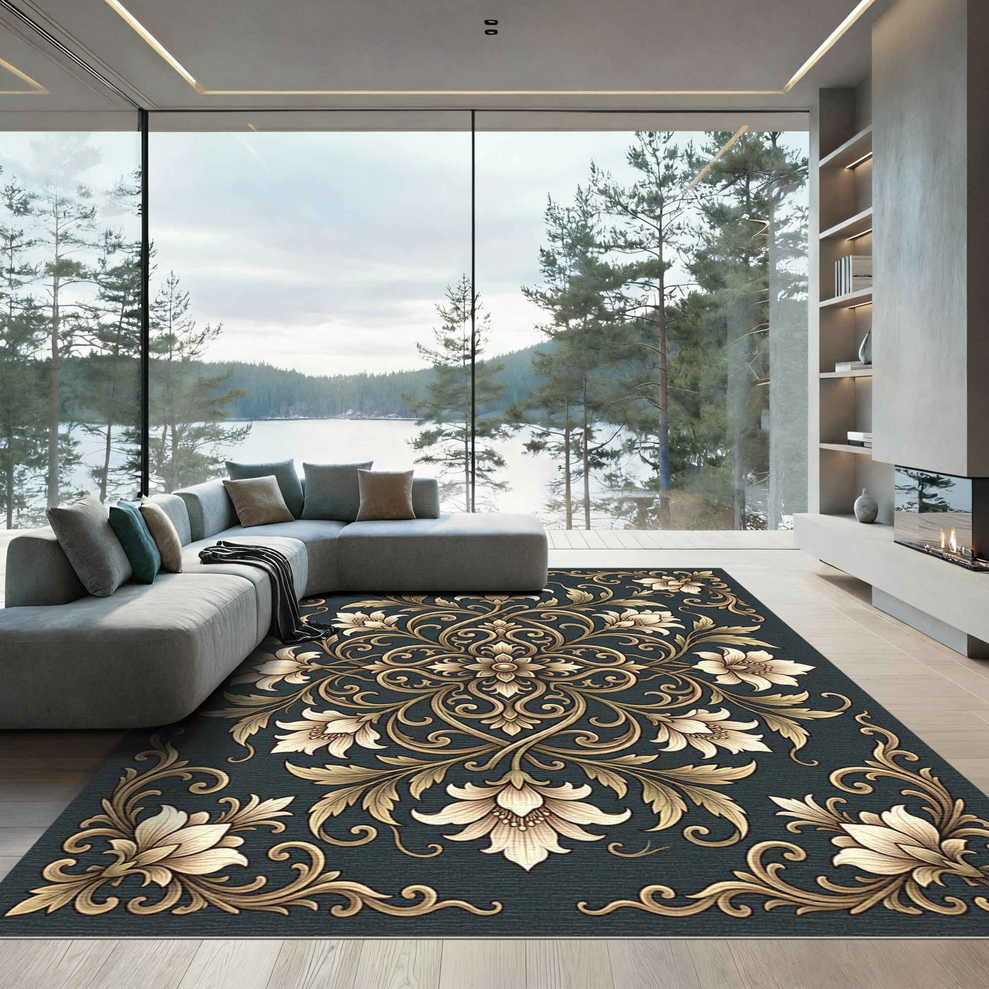 Elegant Gold Floral Damask Charcoal Rug