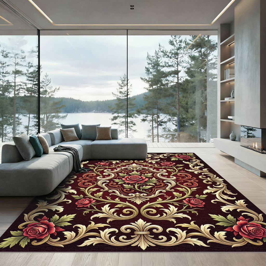 Regal Red Rose Acanthus Scroll Rug