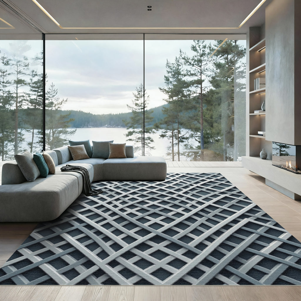 Contemporary Gray Interwoven Geometric Grid Rug