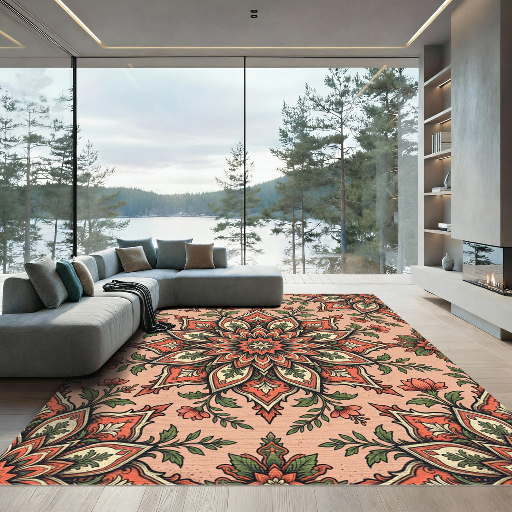 Coral And Green Floral Medallion Rug