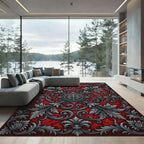 Gothic Crimson Silver Filigree Medallion Rug