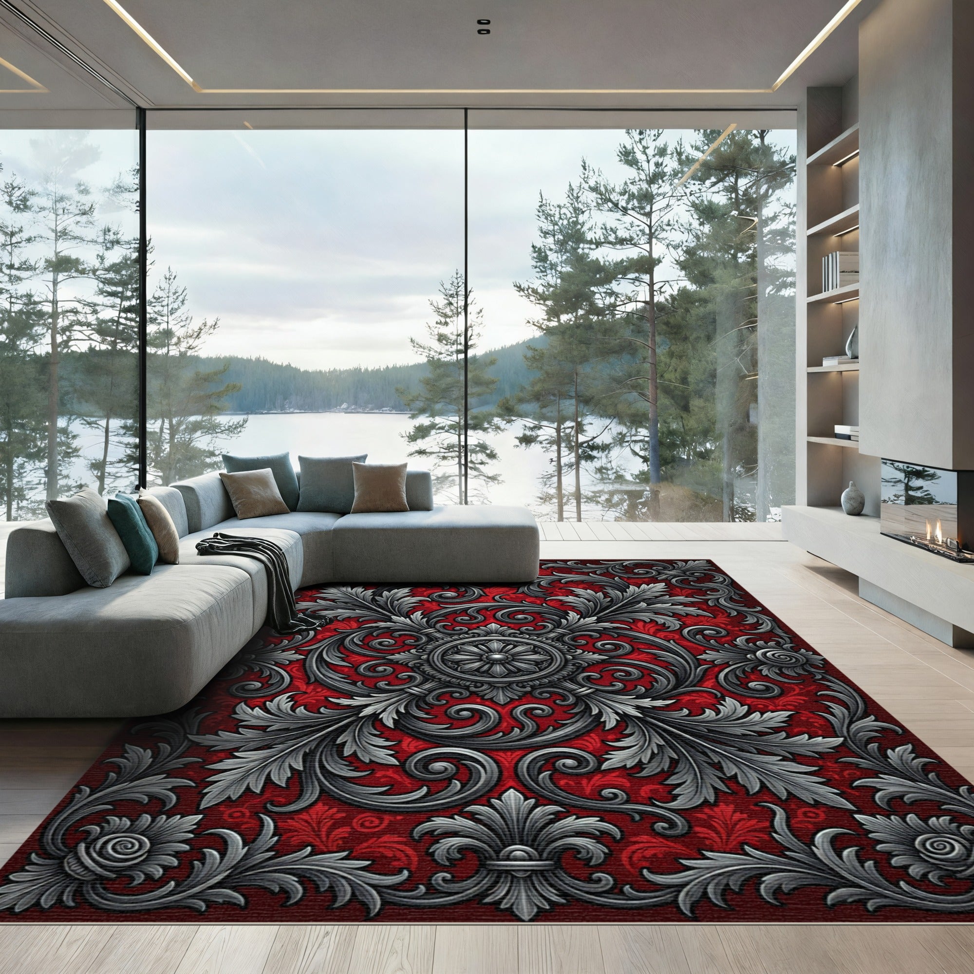 Gothic Crimson Silver Filigree Medallion Rug