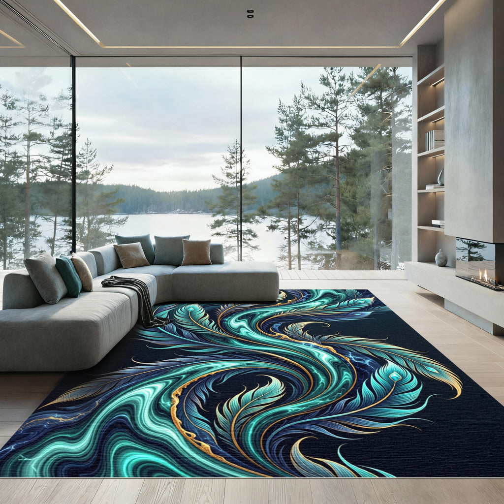 Turquoise Blue Feather Swirl Accent Rug