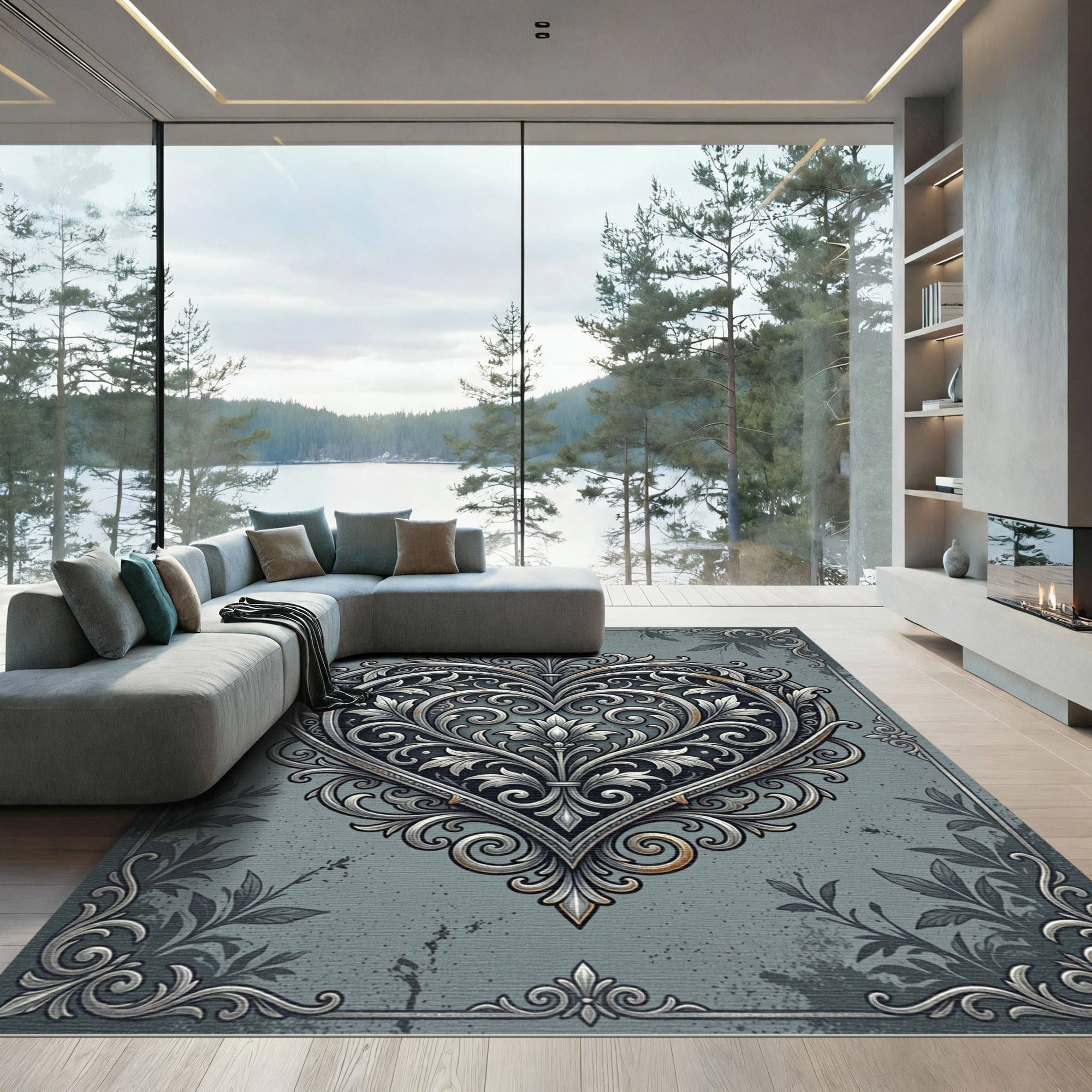 Ornate Silver Filigree Heart Damask Rug