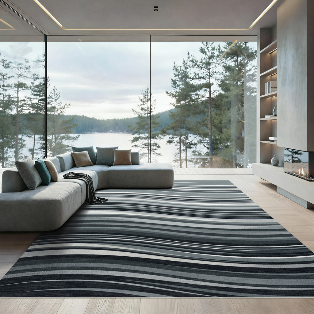 Monochromatic Swirl Wave Lines Rug