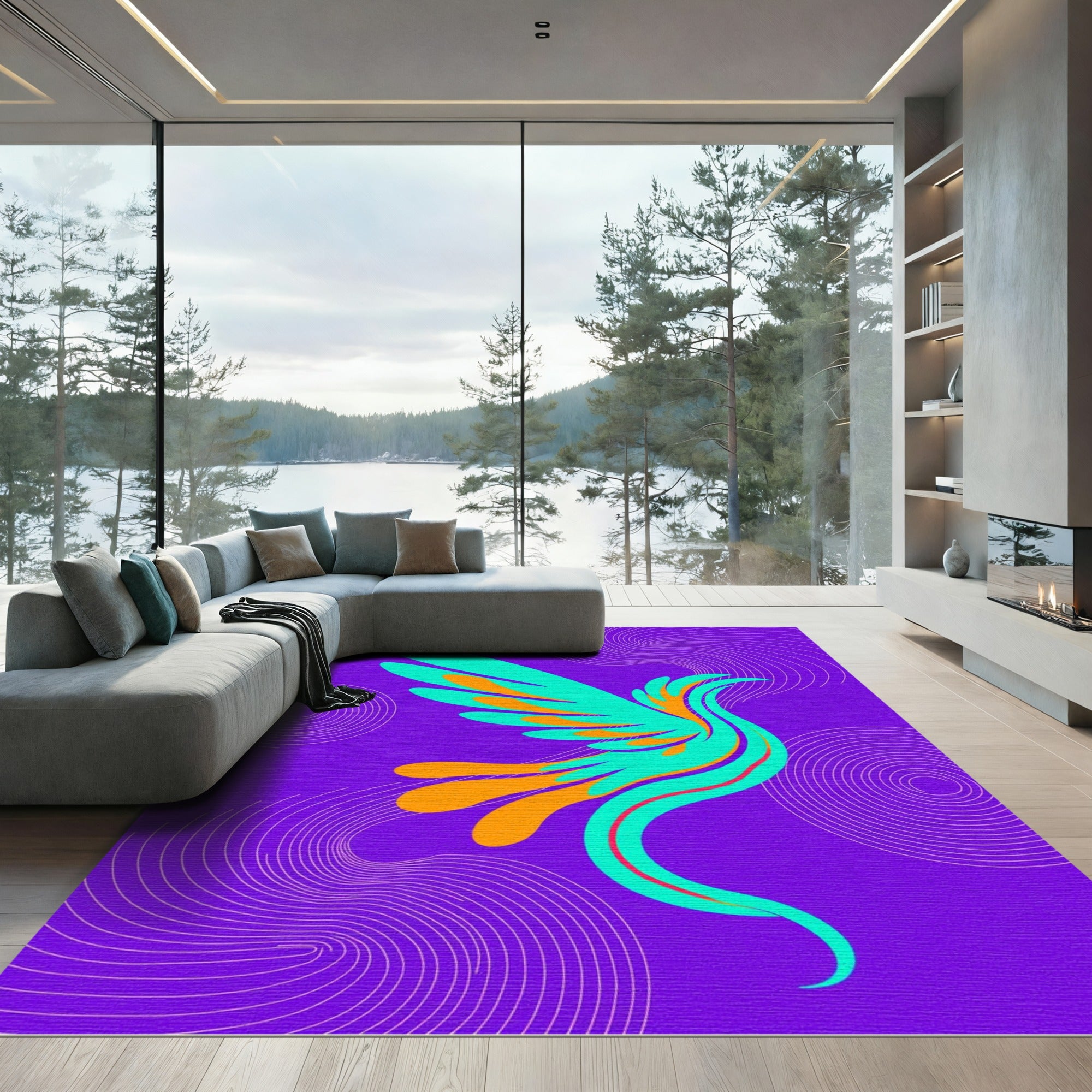 Vibrant Teal Orange Bird Swirls Rug