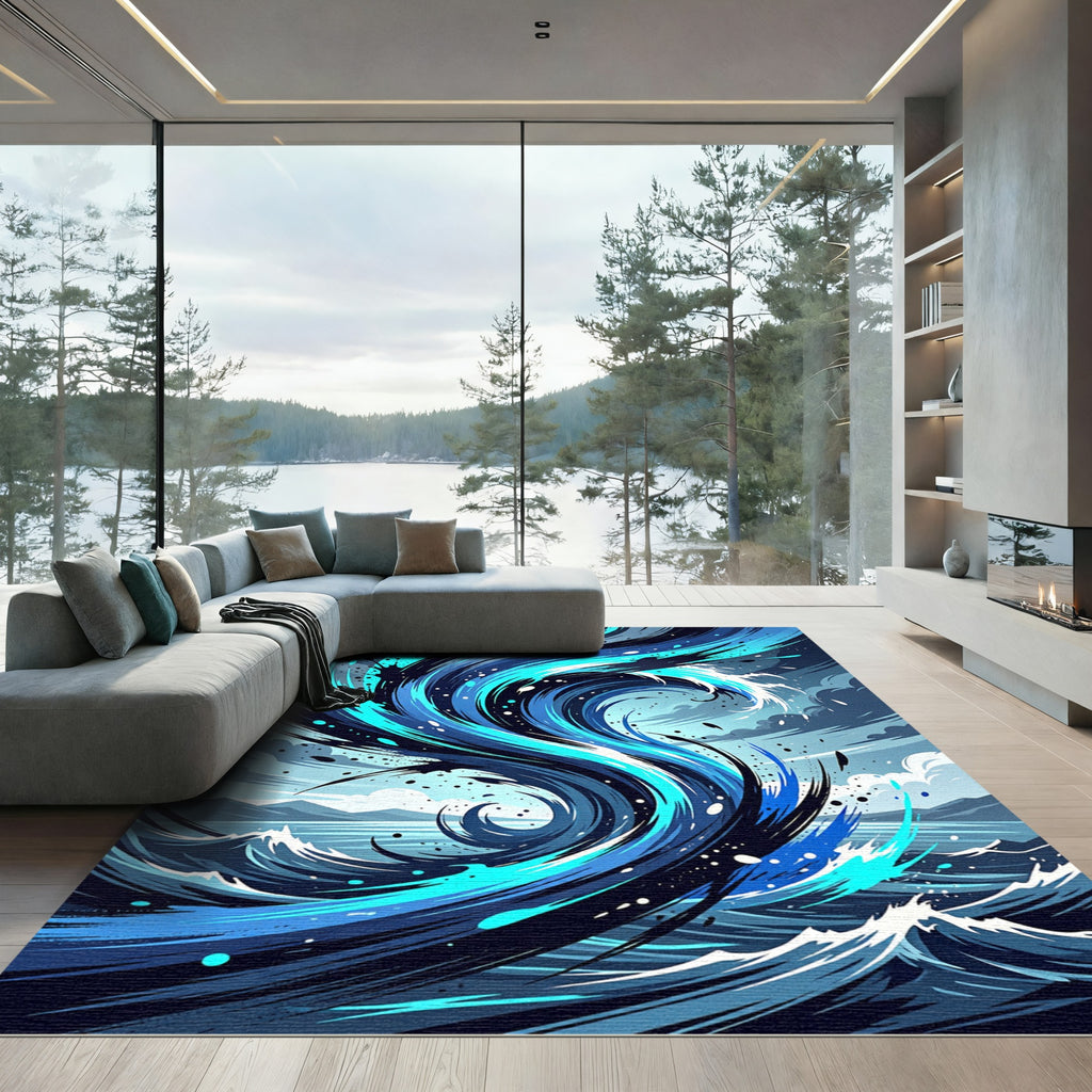 Dynamic Blue Swirl Wave Splash Rug