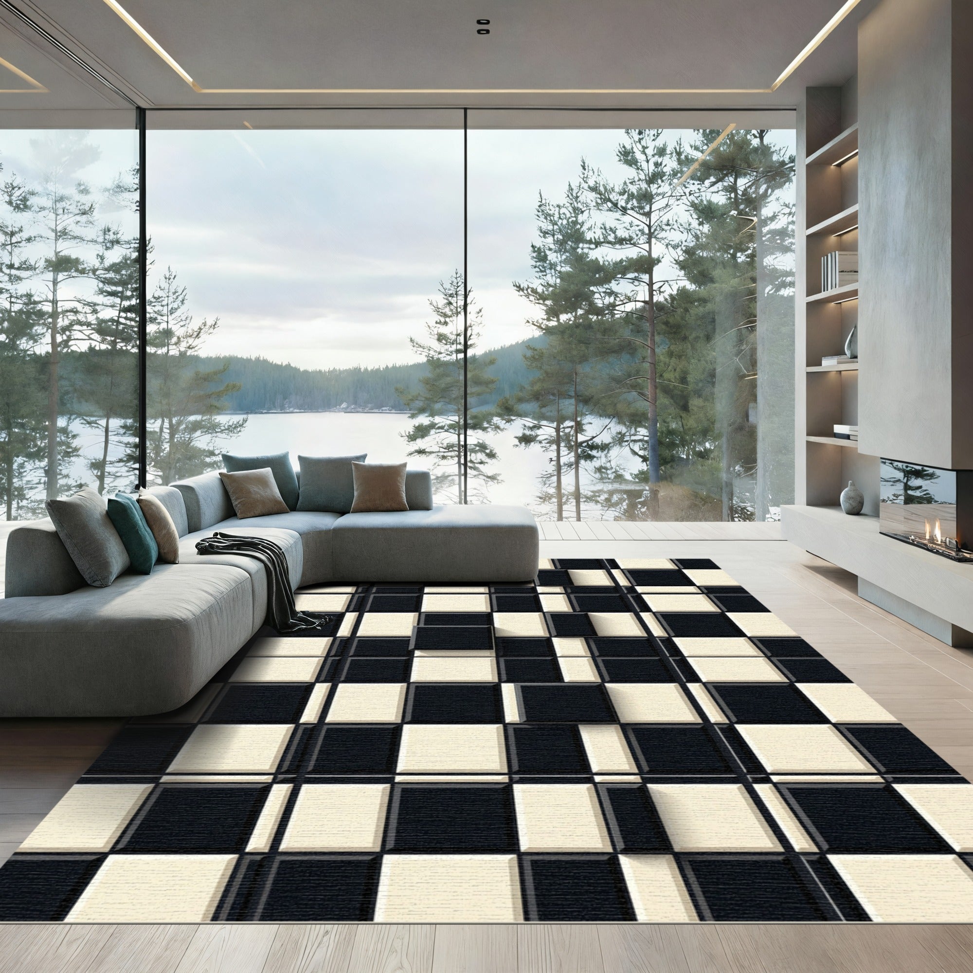 Modern Black and White 3D Grid Rug