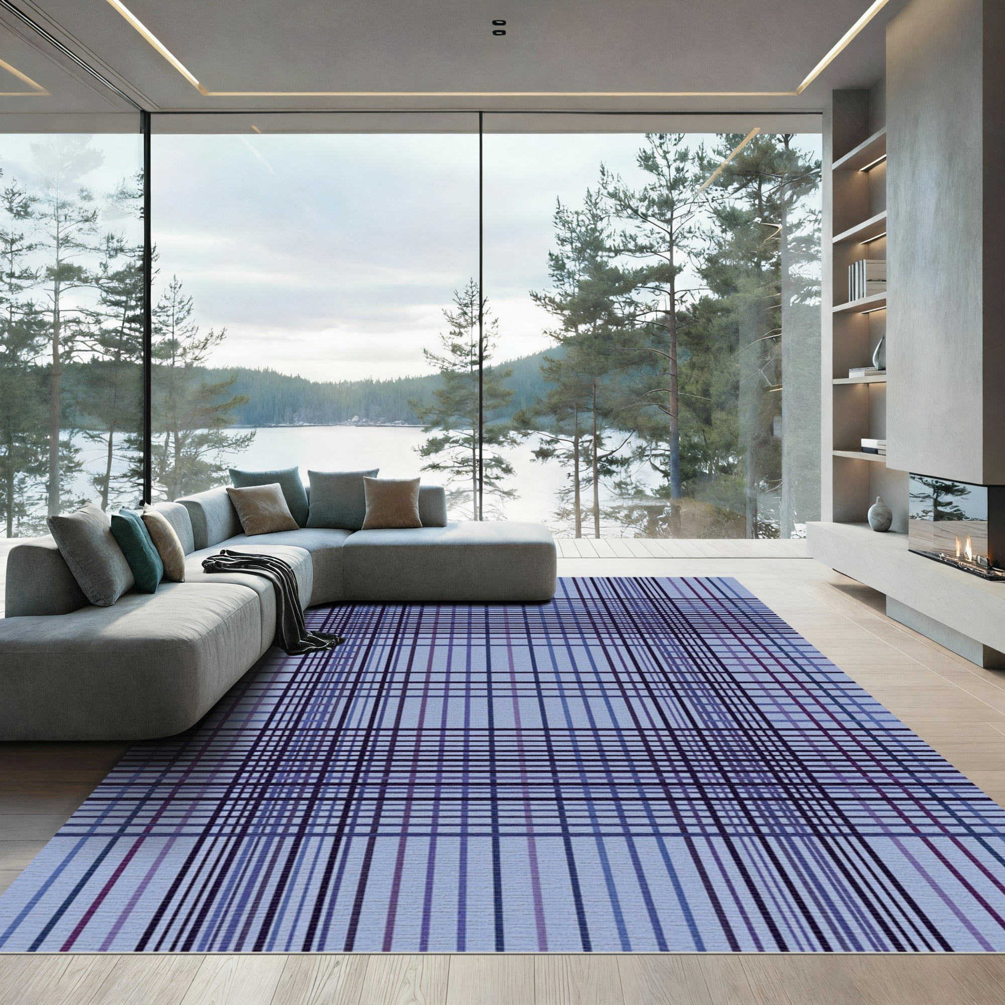 Modern Deep Blue Plaid Lines Rug