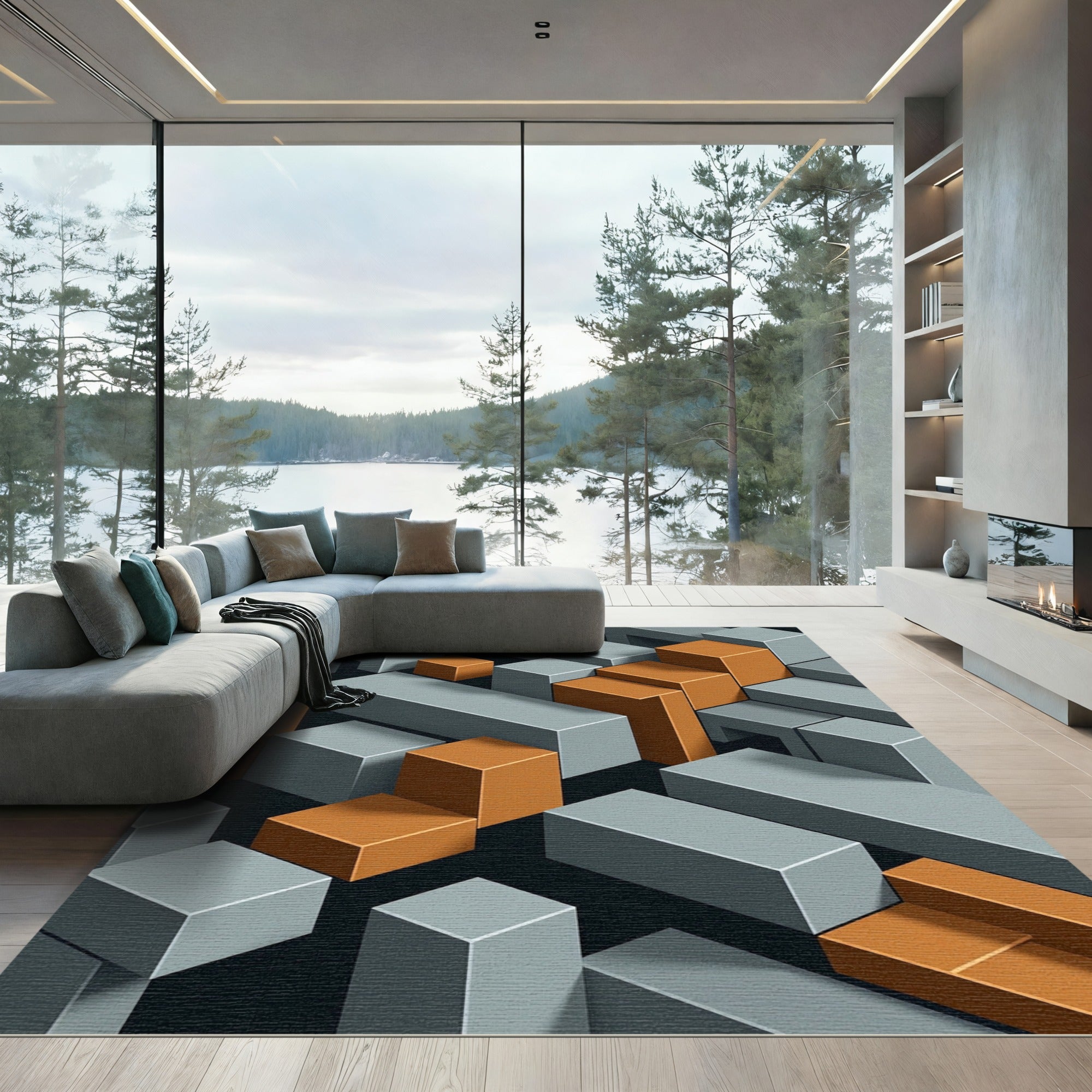 Isometric Gray and Amber Geometric Blocks Rug