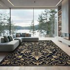 Elegant Gold Damask Scroll Black Tapestry Rug