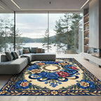 Navy Blue Floral Wreath Ribbon Rug