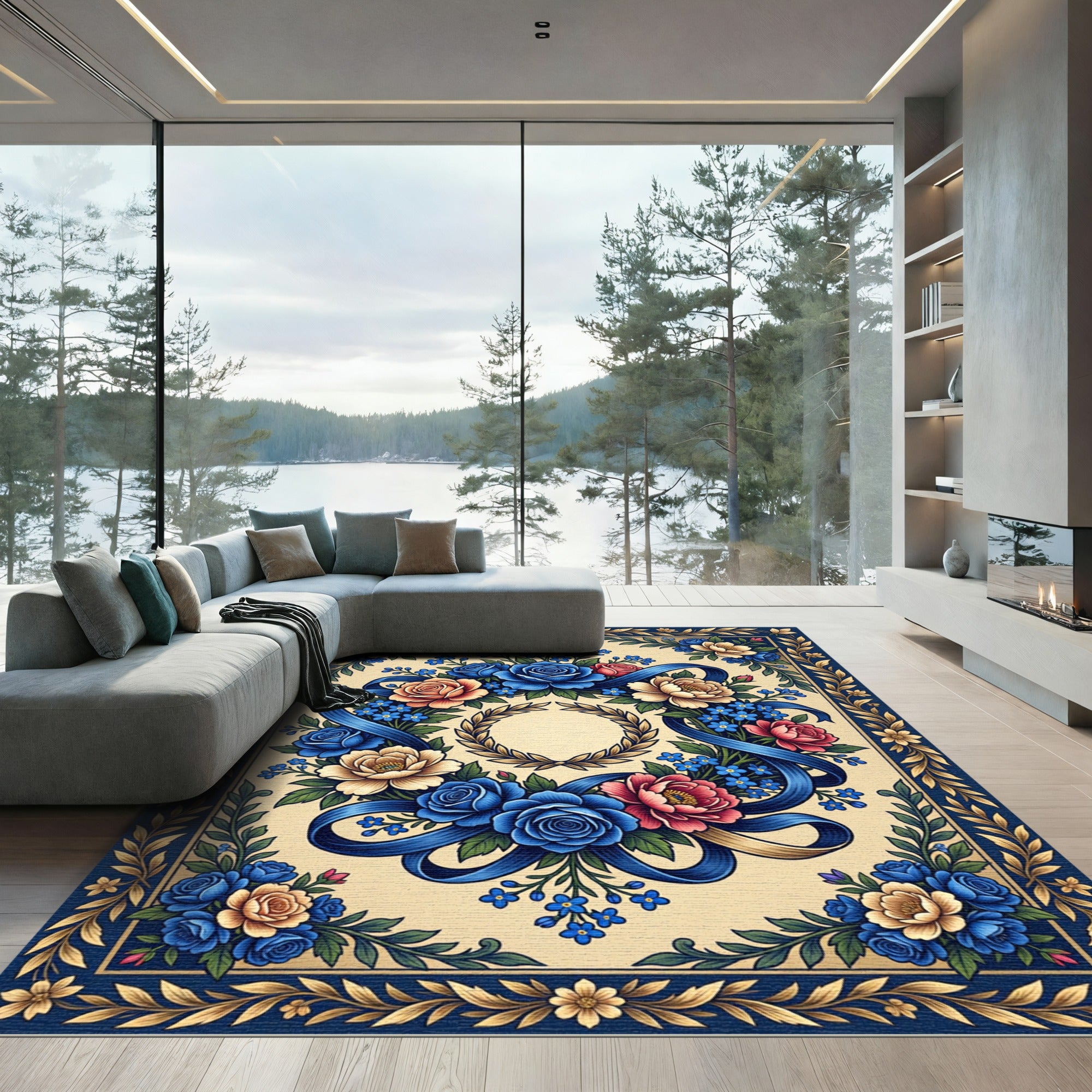 Navy Blue Floral Wreath Ribbon Rug