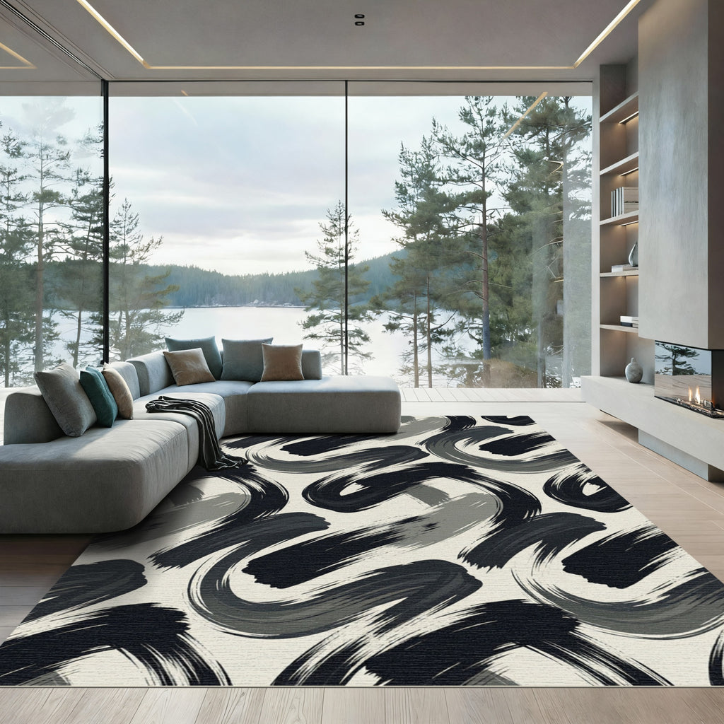 Monochromatic Brushstroke Swirl Rug