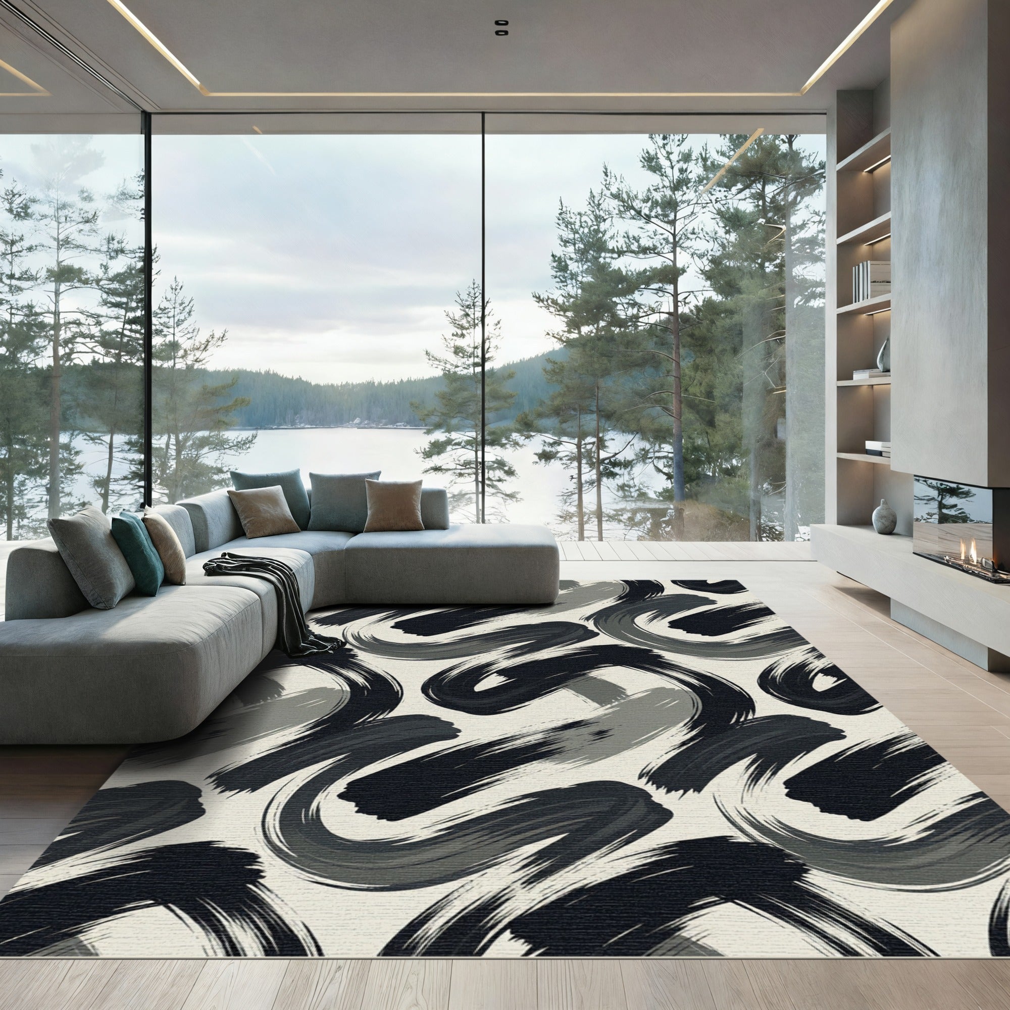 Monochromatic Brushstroke Swirl Rug