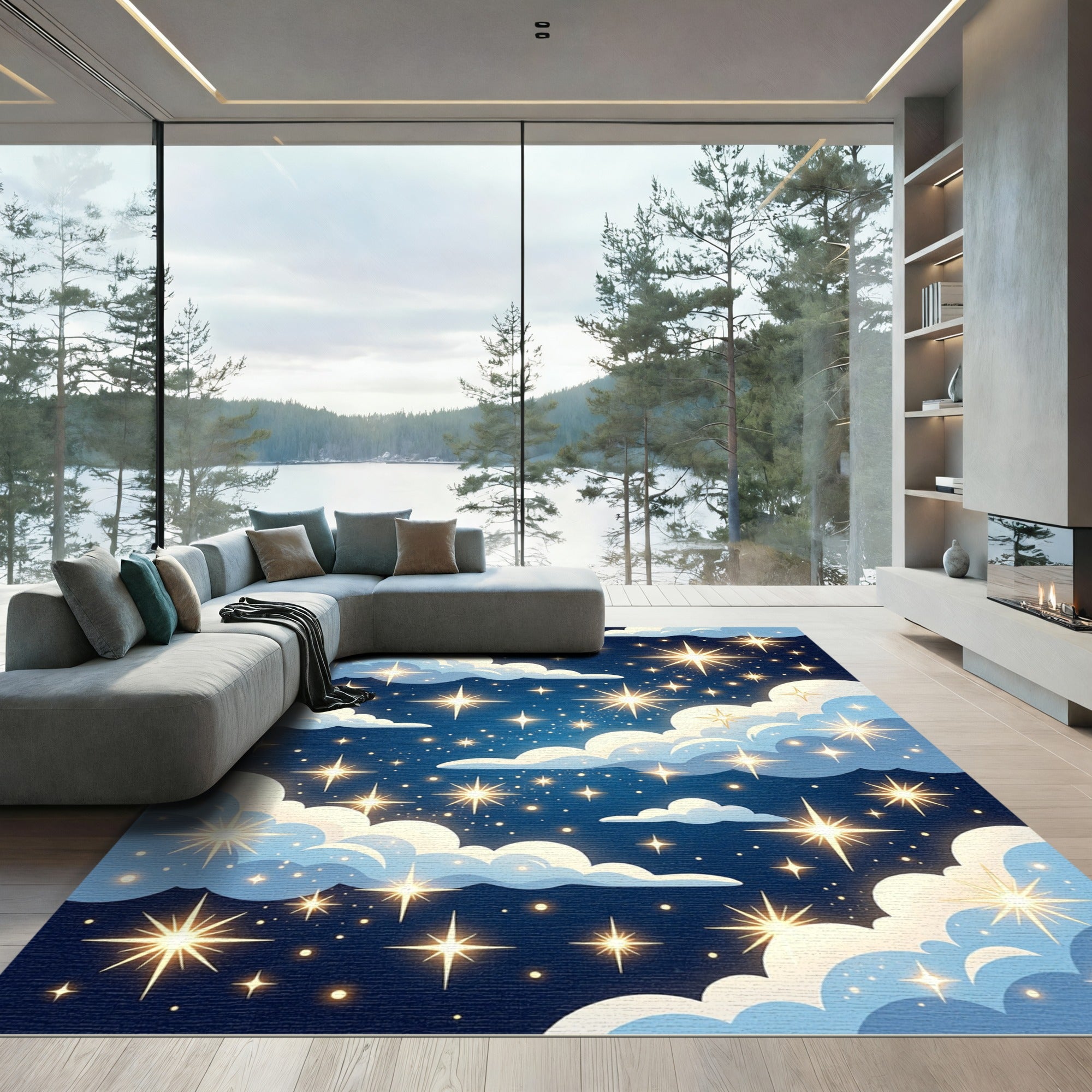 Golden Starry Night Cloudscape Rug