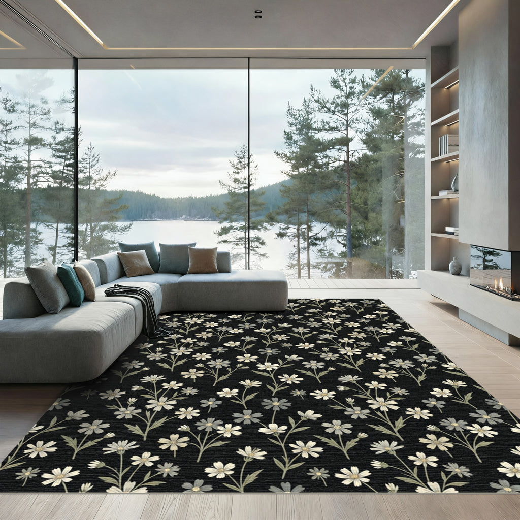 Delicate Black Floral Botanical Overlay Rug
