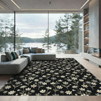 Delicate Black Floral Botanical Overlay Rug