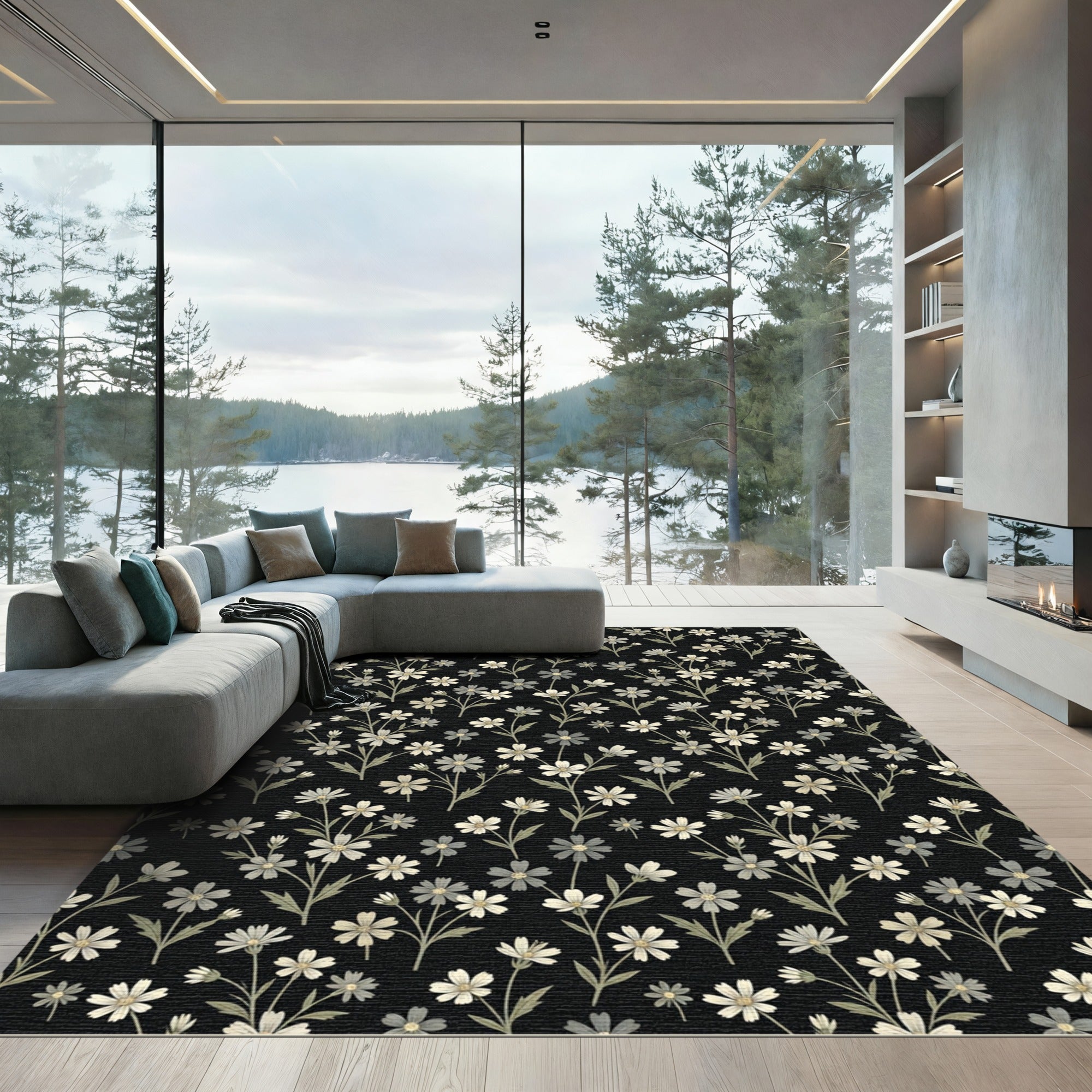 Delicate Black Floral Botanical Overlay Rug