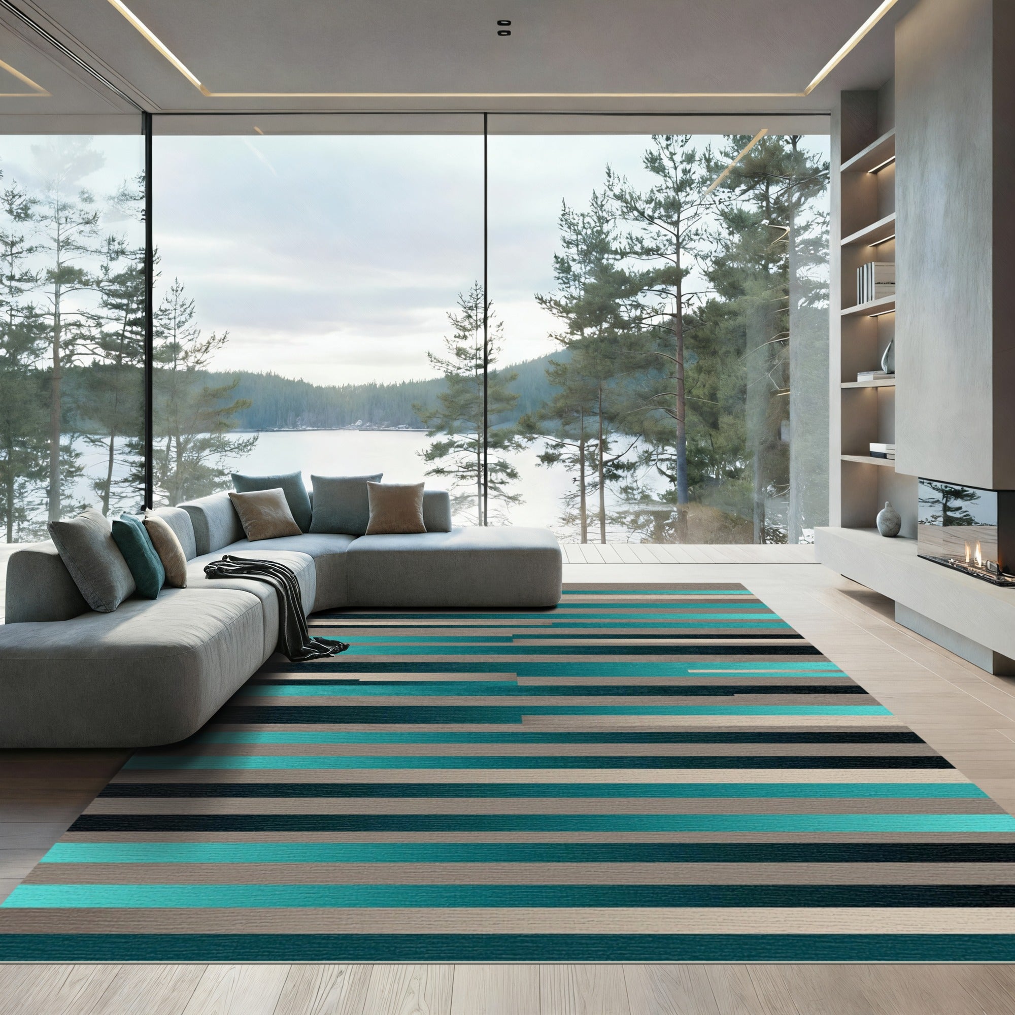 Modern Teal Gray Gradient Stripes Rug