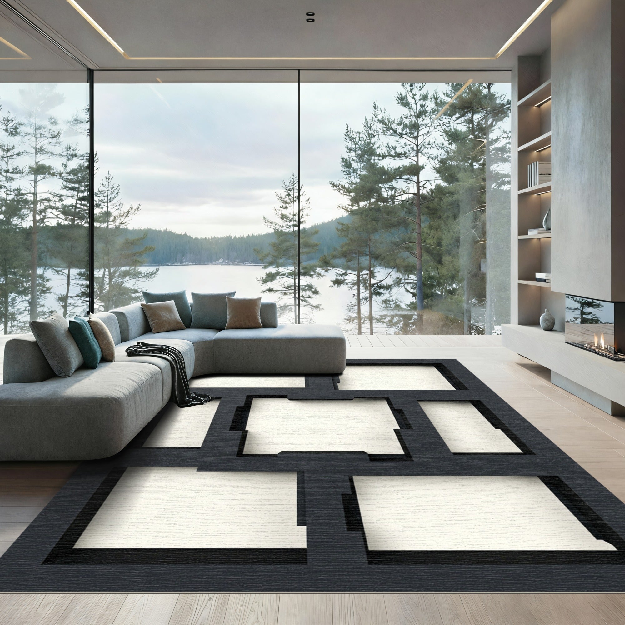 Modern Matte Black Geometric Frame Rug