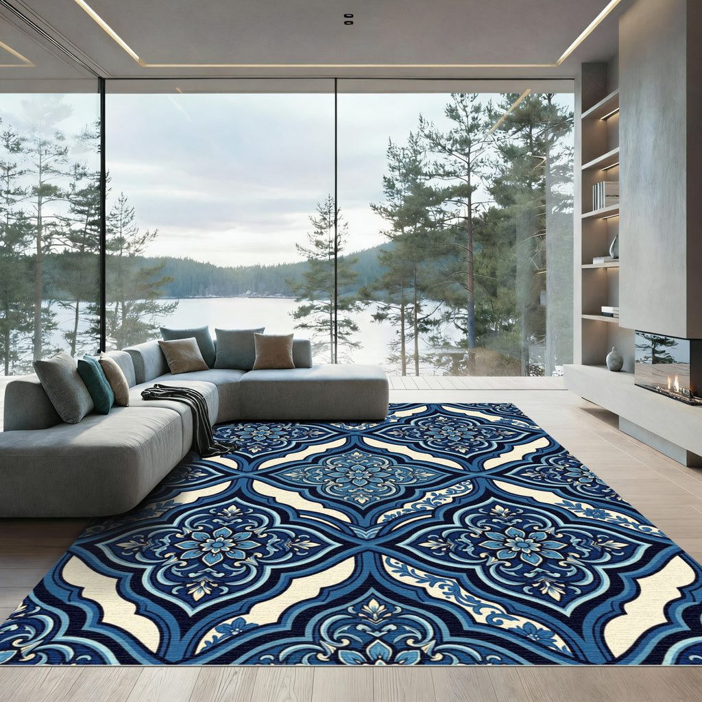 Navy Blue Scroll Floral Arabesque Rug