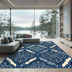 Navy Blue Scroll Floral Arabesque Rug