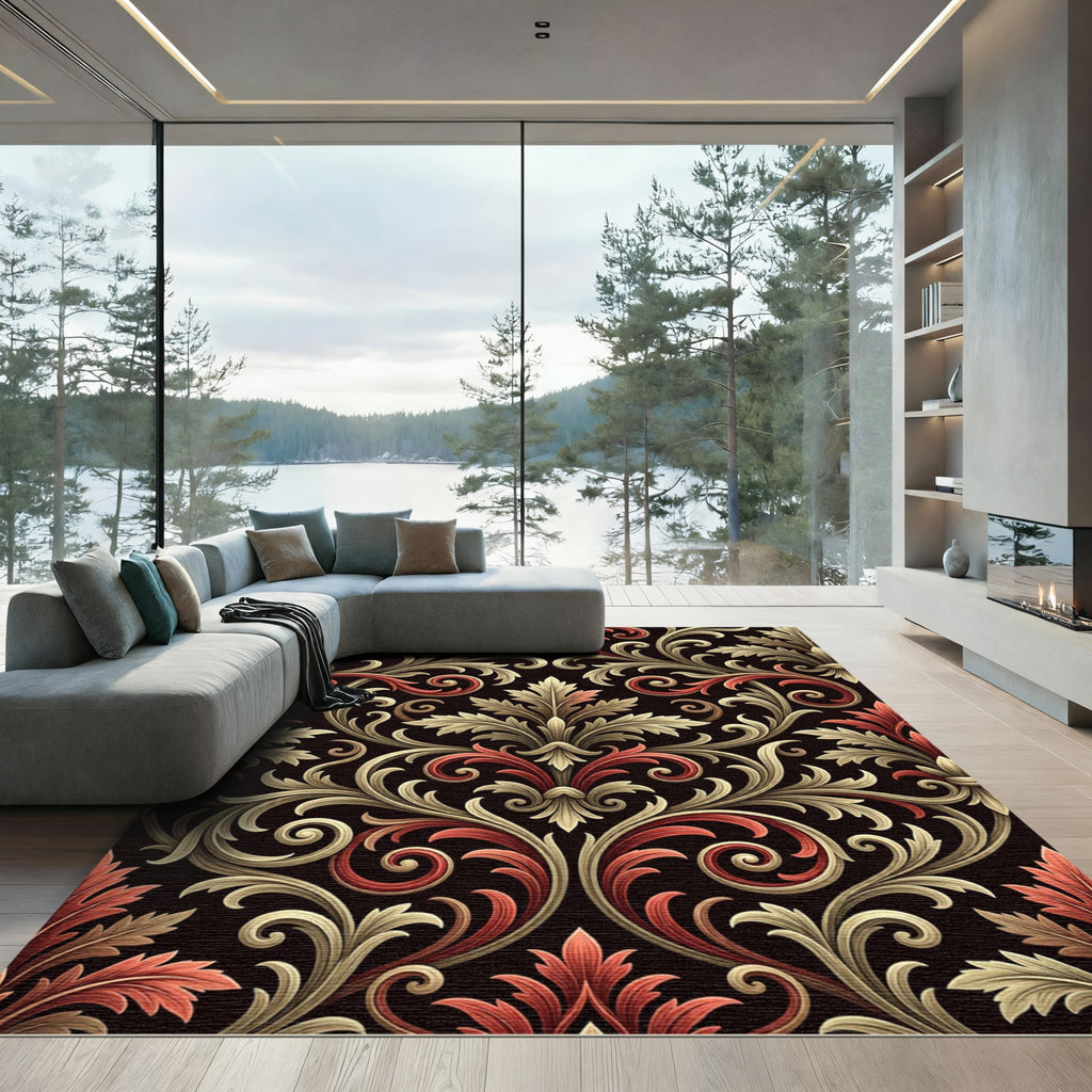 Intricate Red Golden Acanthus Scrolls Rug