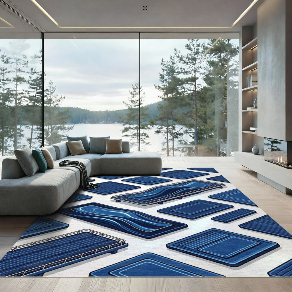 Modern Navy Abstract Fluid Wave Rug