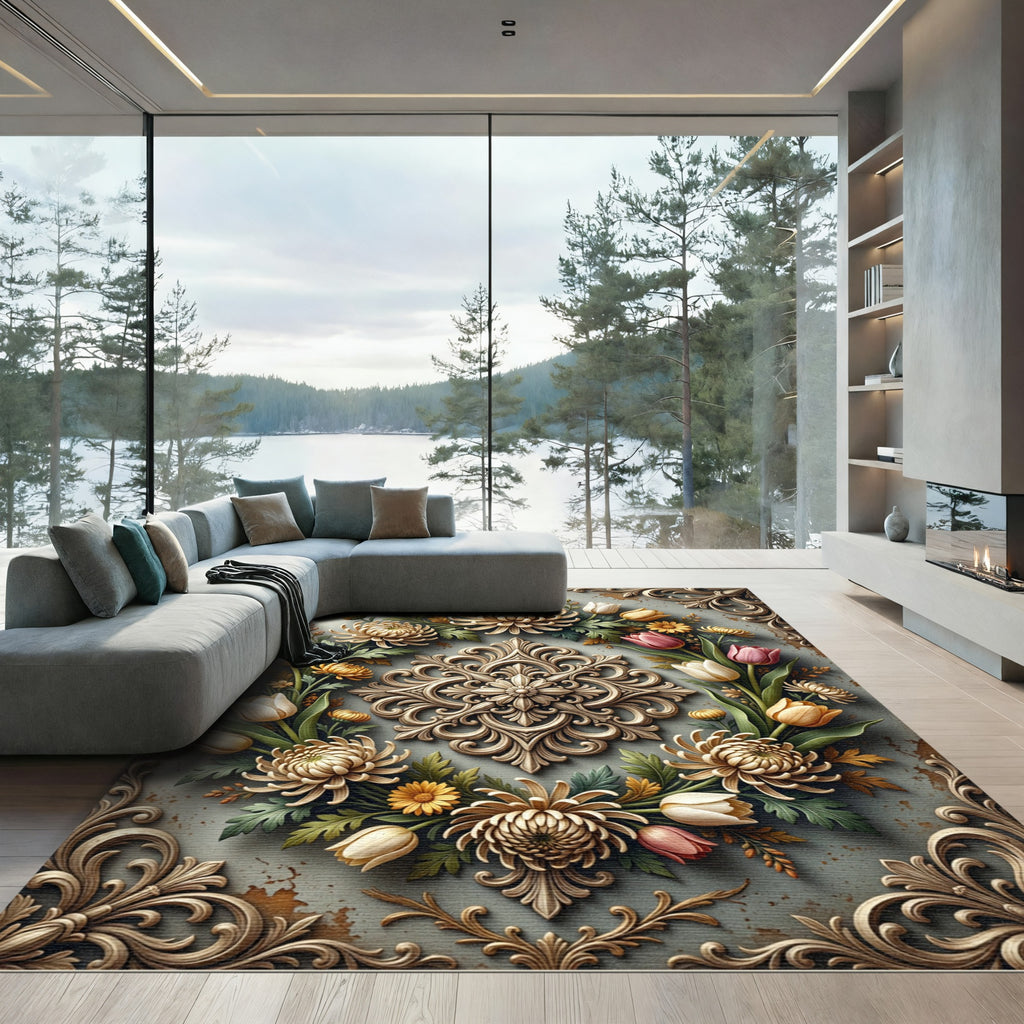 Elegant Beige Floral Medallion Arrangement Rug