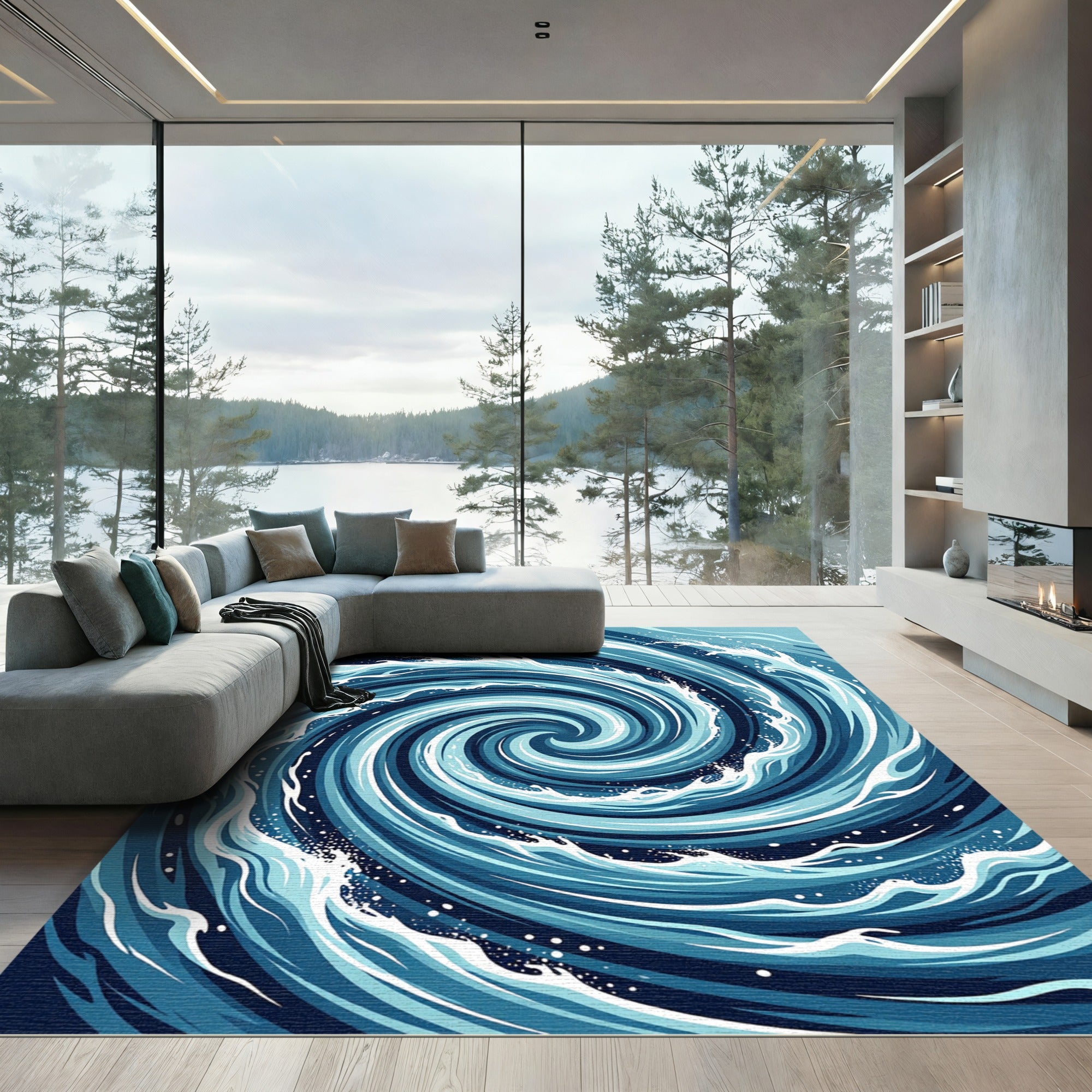 Abstract Navy Blue Ocean Swirl Rug