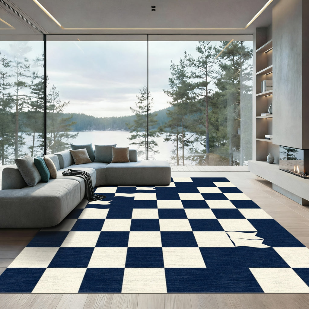 Navy and Cream Geometric Floating Flag Rug