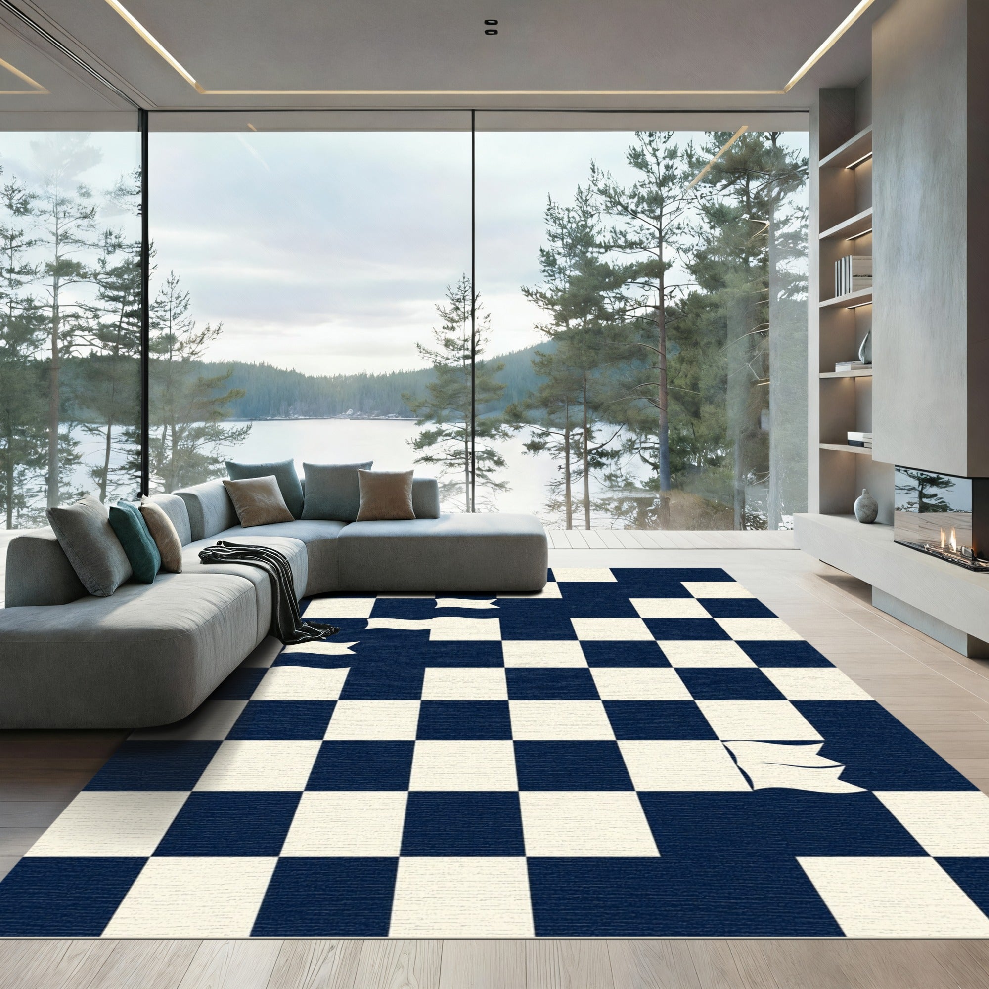 Navy and Cream Geometric Floating Flag Rug