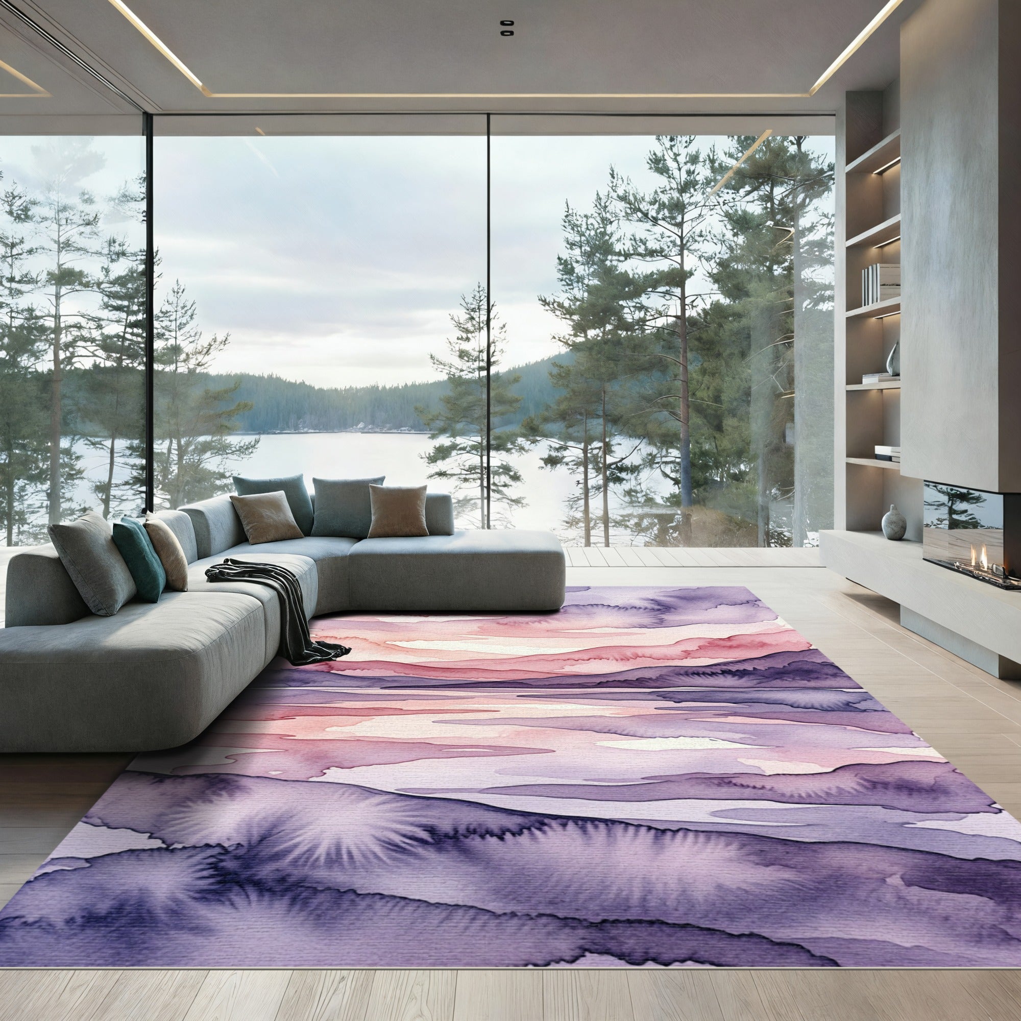 Ethereal Watercolor Mountain Sunset Landscape Rug