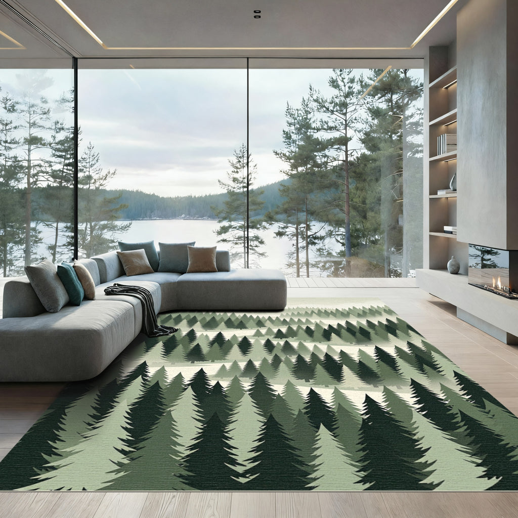 Misty Forest Pine Woodland Landscape Rug