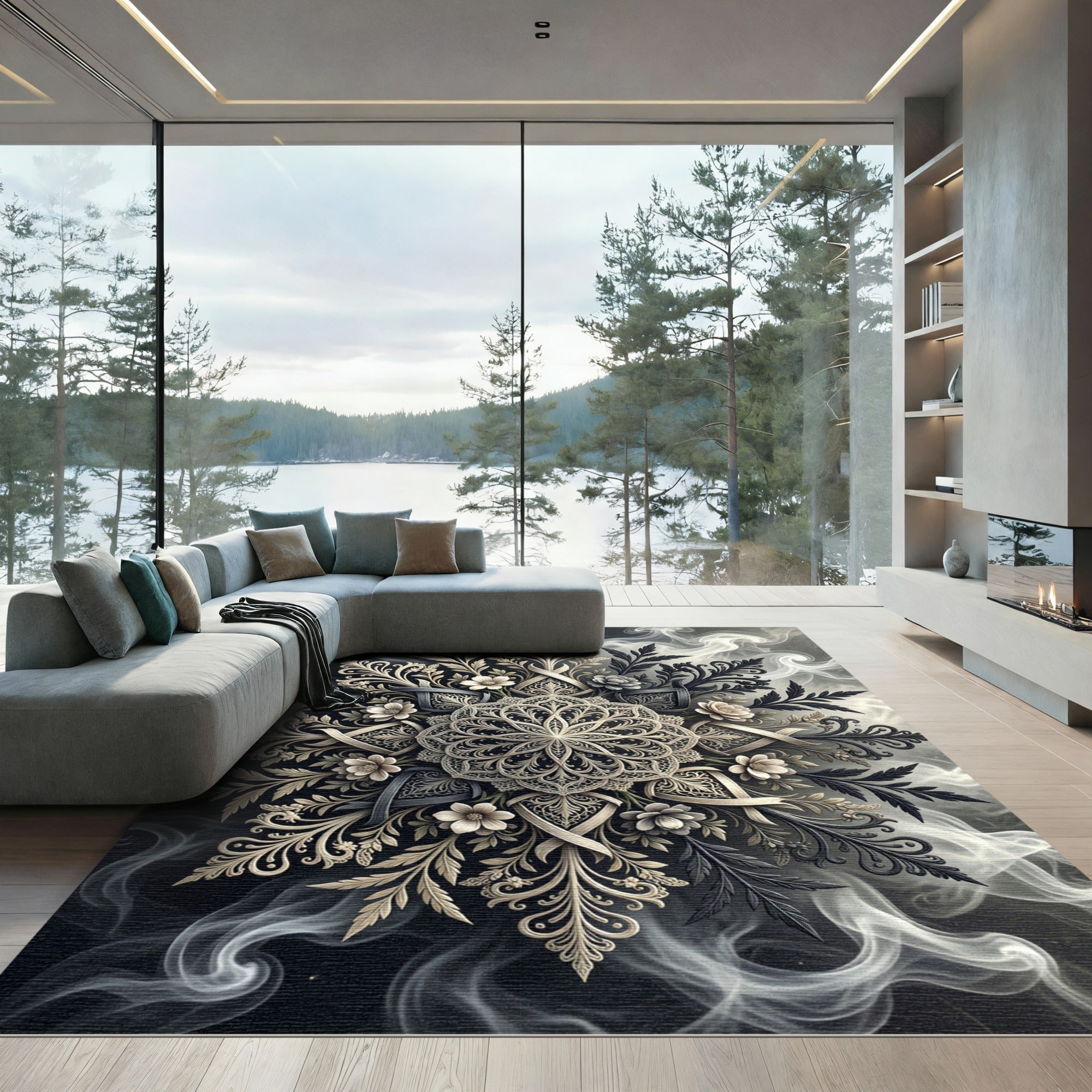Monochrome Floral Filigree Mandala Rug